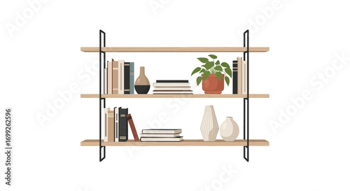 Stylish Three-Tiered Bookshelf with Books, Vases, and a Green Potted Plant