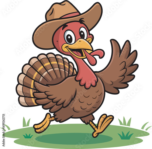 Animated Turkey Character Wearing a Cowboy Hat Running on Green Grass with Style