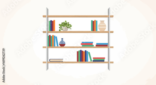 Stylized Bookshelf with Books, Plant, and Vase for Home Decor Display