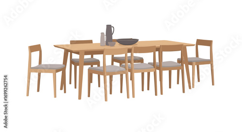 Stylized dining room table and chairs illustration with minimalist design
