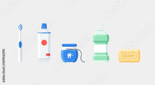 Oral hygiene products toothbrush toothpaste dental floss mouthwash and soap for healthy teeth routine care vector
