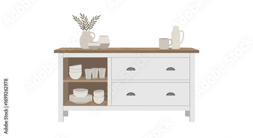 Stylized Interior Scene Featuring Wooden Furniture with Tableware
