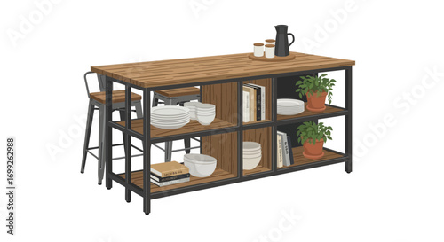 Stylized Kitchen Island with Storage and Bar Stools Illustration