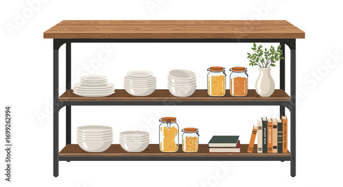 Stylized kitchen shelving unit with organized items on wooden surface