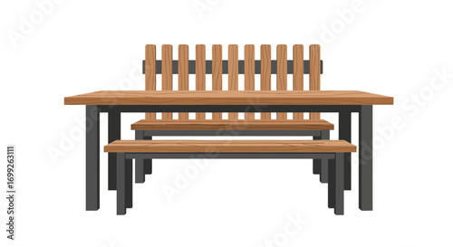 Stylized table and bench set, perfect for outdoor settings or illustrations