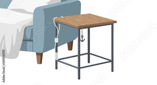 Stylized scene showcasing a compact table beside a cushioned chair