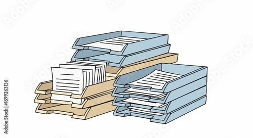 Organized office paper trays document management system for efficient workflow and productivity solution vector
