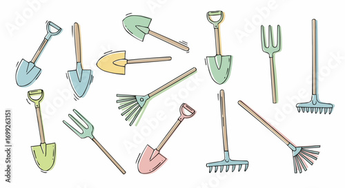 Illustration of garden tools shovels and rakes perfect for gardening equipment and outdoor tool concepts vector