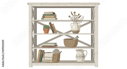 Stylized vector illustration of wooden bookcase with decorative objects