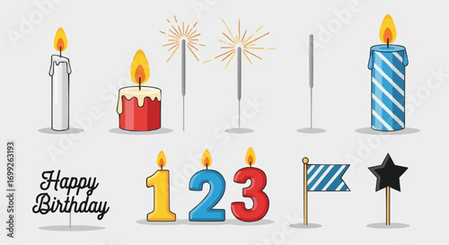 Happy birthday candles sparklers and decorations vector design for celebrating anniversary and party events vector