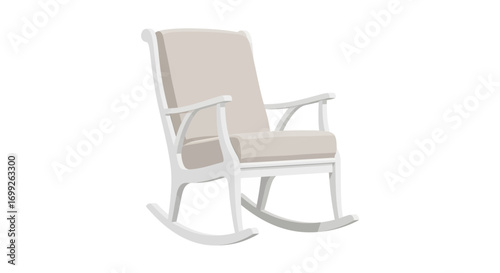 Vintage white rocking chair with beige cushions isolated on background