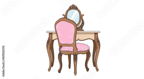 Vintage vanity table and chair with mirror on an isolated background
