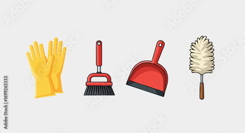 Cleaning supplies essentials for home cleaning services including gloves brush dustpan and duster tools vector