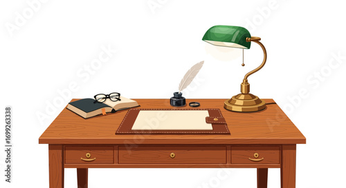 Vintage writer's desk with lamp, book, glasses and writing utensils