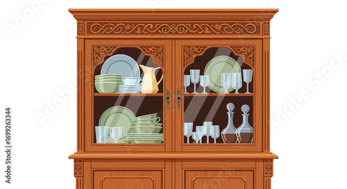 Vintage wooden hutch with delicate dishes and crystal glassware displayed nicely