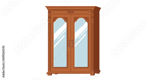 Vintage wooden wardrobe with ornate details on isolated white background