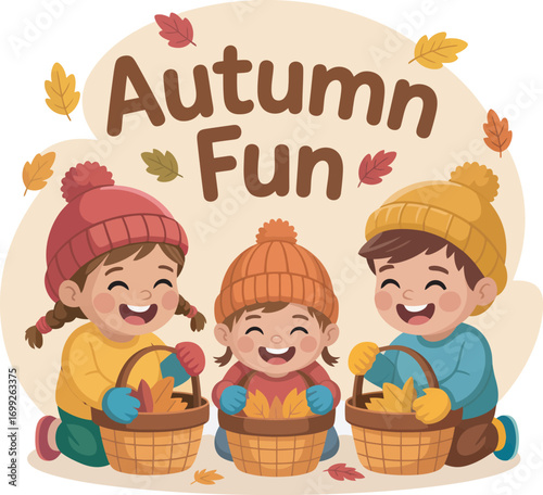 Autumn Fun Vector Illustration Children Playing with Leaves Seasonal Activity Outdoors