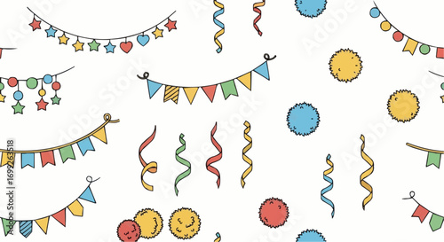 Celebration party decoration background with bunting flags streamers and confetti for festive events 100 vector