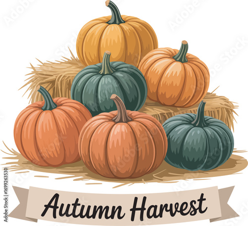 Autumn Harvest Pumpkins on Hay Bale Illustration with Banner and Transparent Backdrop