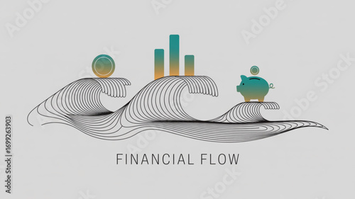 Financial flow illustration with piggy bank coin and graph for business investment and savings concept
