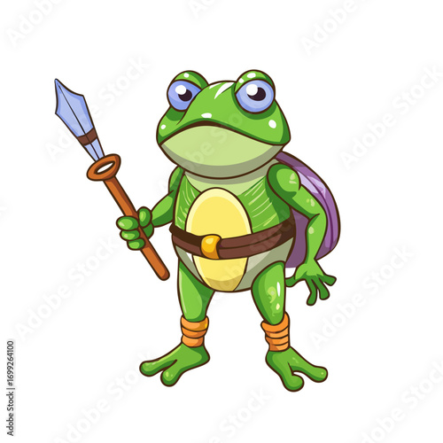 a full-body cartoon frog warrior in 2D