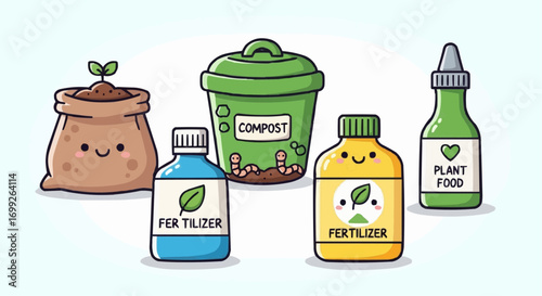 Cute gardening supplies illustration featuring compost fertilizer plant food and soil for organic gardening vector