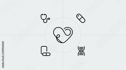 Healthcare medical concept with heart dna stethoscope and pills for health wellness research and science