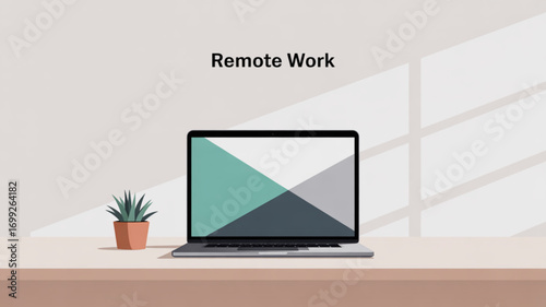 Remote work setup with laptop and plant for productivity and focus in home office environment concept