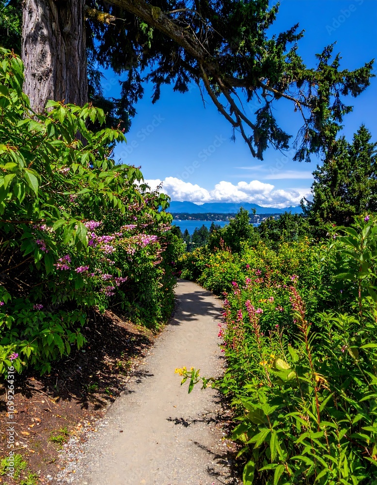 Fototapeta premium Scenic garden path, ocean view