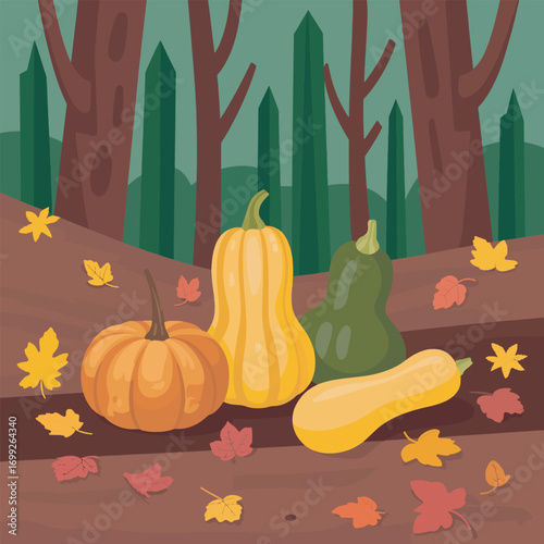 Autumn Landscape with Pumpkins, Gourds, and Colorful Leaves in a Forest Setting