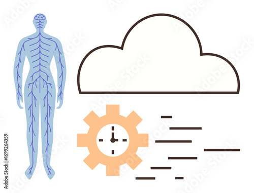 Human nervous system illustration, a cloud outline, and a gear with a clock. Ideal for biology, technology, data storage, human-machine interaction, innovation healthcare education. Simple flat