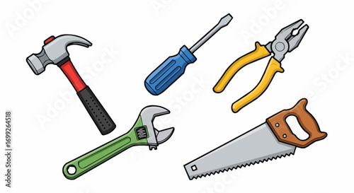 Illustration of hand tools including hammer, screwdriver, wrench, pliers, and saw for construction work vector
