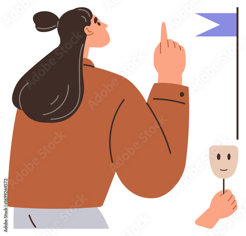 Woman with long hair raising finger, holding blue flag and mask, signaling identity, leadership, and personal growth. Ideal for guidance, individuality, psychology, goals personal growth