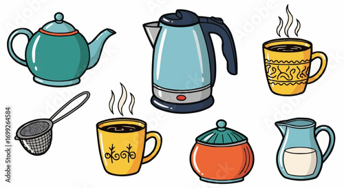 Assorted kitchen tea set illustration featuring teapot electric kettle cups strainer sugar bowl and creamer vector