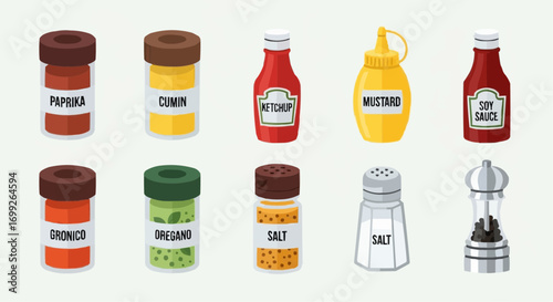 Assortment of cooking spices and condiments in jars and bottles for culinary use and flavor enhancement vector