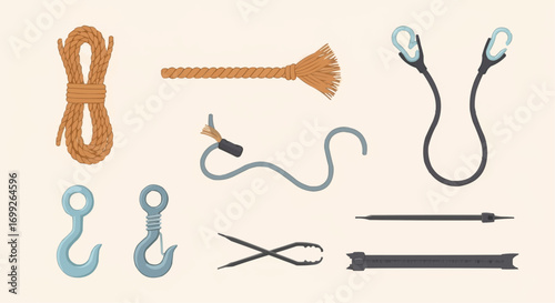Explore various types of ropes, hooks, and fastening tools for securing, lifting, and connecting objects vector