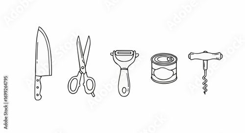 Kitchen tools and utensils illustration featuring knife, scissors, peeler, can and corkscrew line art design vector