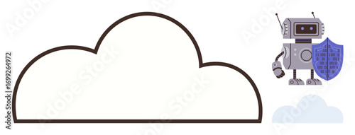 Robot holding shield near large cloud outline, signifying data protection and cybersecurity. Ideal for data storage, digital safety, cloud computing, AI safeguards, system reliability