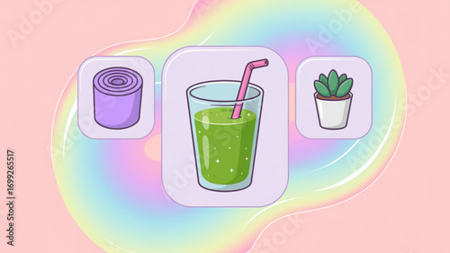 Healthy lifestyle with yoga mat, green smoothie, and succulent plant for wellness and mindfulness practice