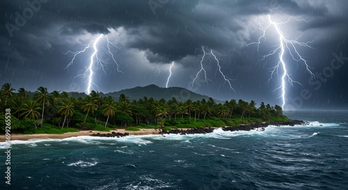熱帯の島 激しい雷雨 暗く輝く海と空 (Nettai no shima hageshii raiu kuraku kagayaku umi to sora) Translation: Tropical island, fierce thunderstorm, dark shining sea and sky.. AI Generated
