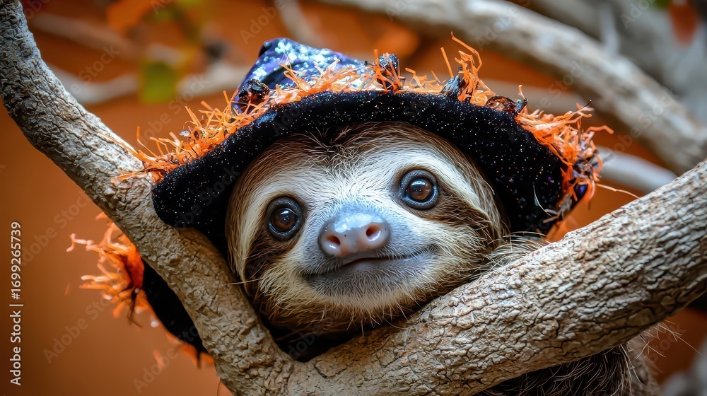 Fototapeta premium Curious Sloth Wearing Festive Hat on Tree Branch in Colorful Setting