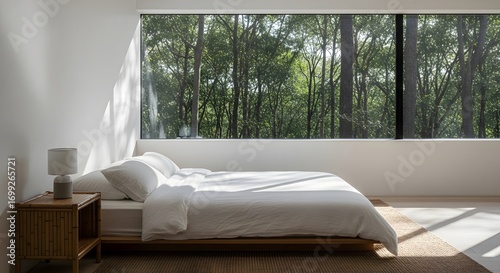 A minimalist bedroom with a large window showcasing a lush green forest view. Sunlight streams through, illuminating white bedding and a light wood nightstand. 