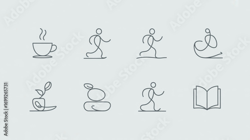 Minimalist lifestyle vector icons set for coffee running meditation reading and healthy living design concept