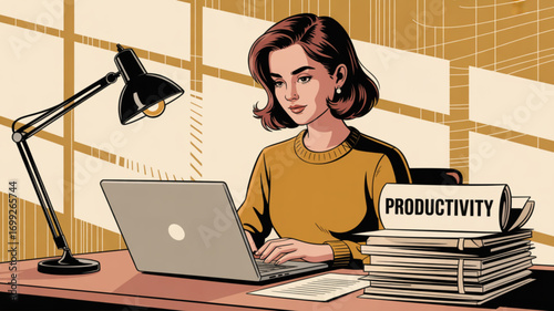 Woman working on laptop for productivity and time management at office or home for remote work concept