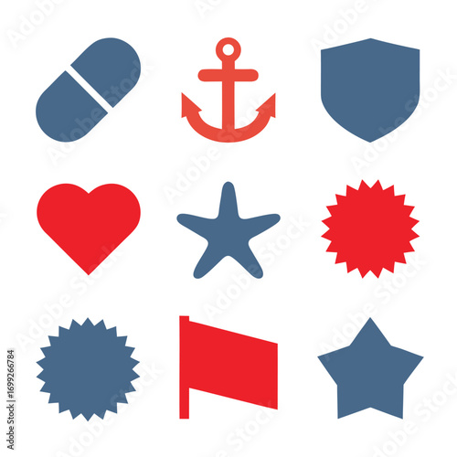 Red and blue graphic icons including anchor heart shield star flag vector