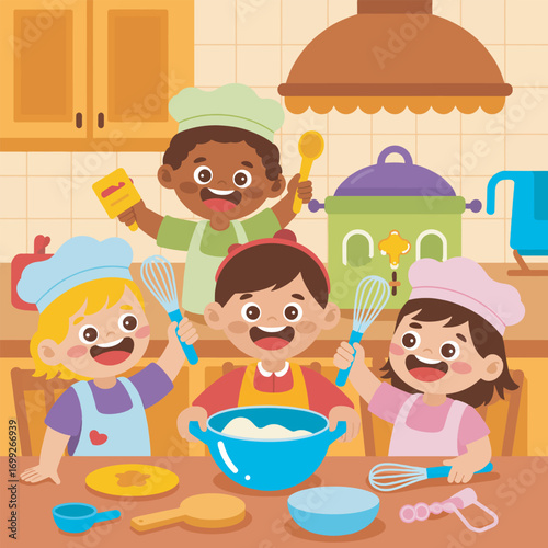 Children Baking Together in Kitchen Illustration for Cooking Fun and Culinary Learning