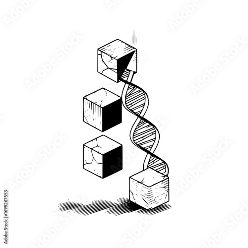 Illustration of a dna strand connecting four cubes with a cracked texture in black and white style