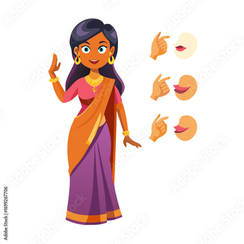 An Indian Woman Character Constructor. Indian Woman creation Set. Indian Woman Character Model Sheet with Lip Sync, Hand Gestures, and Saree Outfit | 2D Animation Design. Indian Woman in Saree. See Le