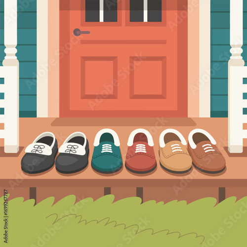 Colorful Shoes Lined Up on a Porch with a Red Door and Green Grass Illustration