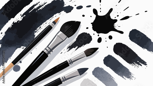 Artistic brushes with black paint strokes and splatter vector illustration